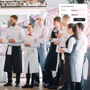Restaurant staff meeting preparing for service
