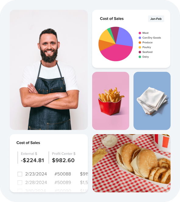 Grid of photos showing graphs, food, food related items, and a smiling cook