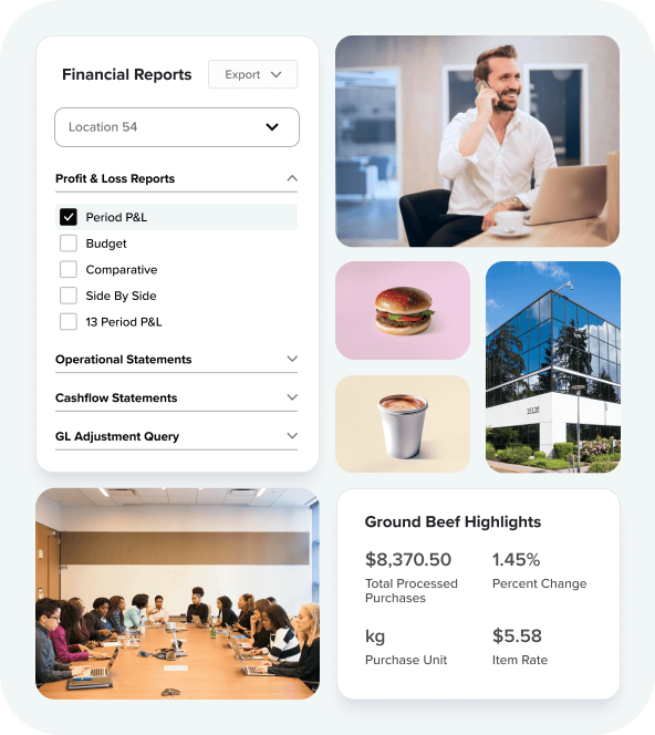 Grid of photos showing Financial Reports, a building, food items and a conference room