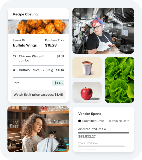 Grid of photos showing graphs, food, food related items, and a smiling cook