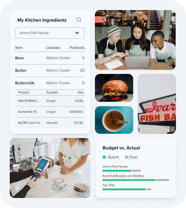 Grid of photos showing graphs, food, food related items, and smiling restaurant operators