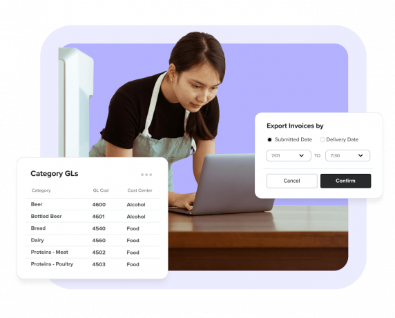 Chef looking at laptop with GL and Export Screen