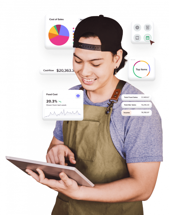 Restaurant employee looking at iPad with data floating around him