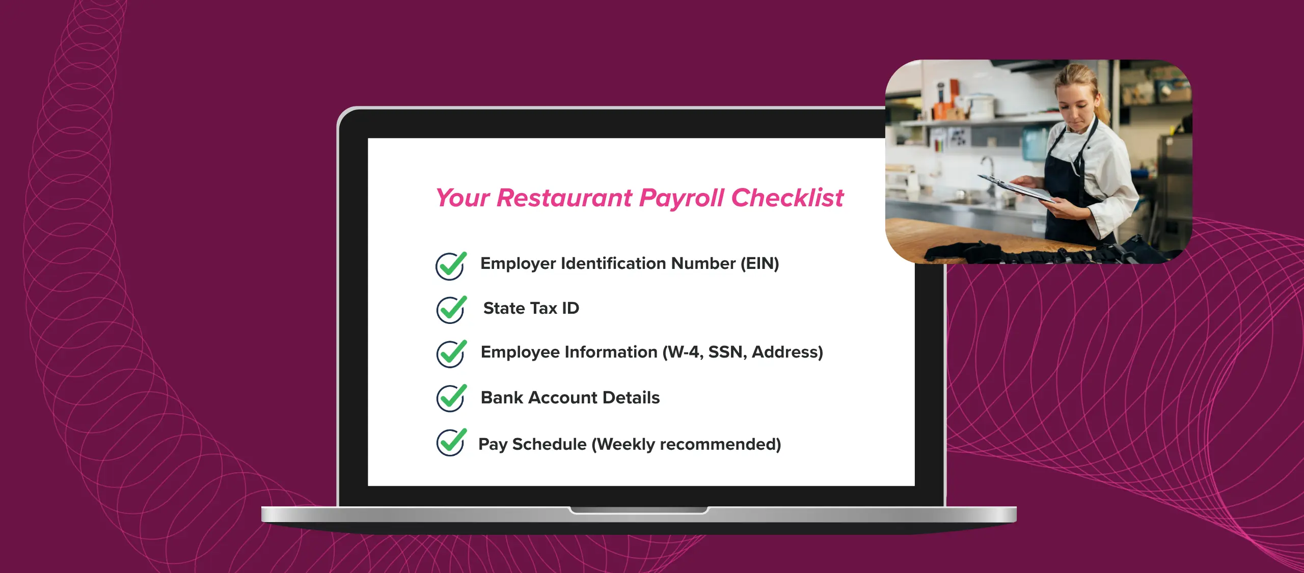 Restaurant payroll checklist including EIN, state tax ID, employee information, bank details, and pay schedule