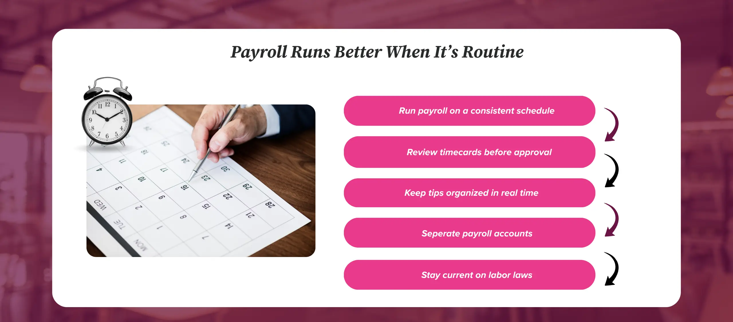 Restaurant payroll best practices including consistent schedule, reviewing timecards, organizing tips, separating accounts, and staying compliant