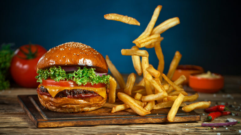 A cheeseburger and fries