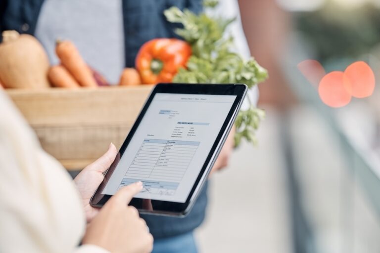 Tablet in hands, digital invoice and delivery man with restaurant stock