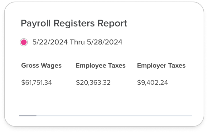 Payroll Registers Report showing wages and taxes