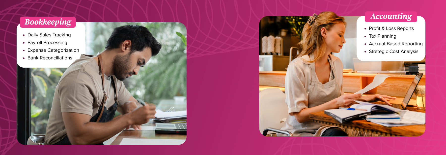 A side-by-side comparison chart highlighting the key distinctions between bookkeeping and accounting.