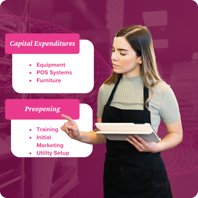 Graphic of woman looking at capital expenditures and preopening expenses for sound restaurant financial management
