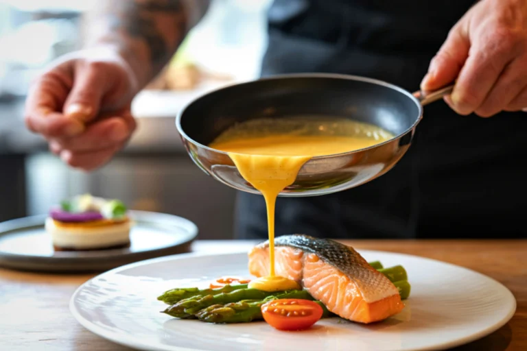 Chef pouring sauce over plated salmon with vegetables, demonstrating controlled portion size