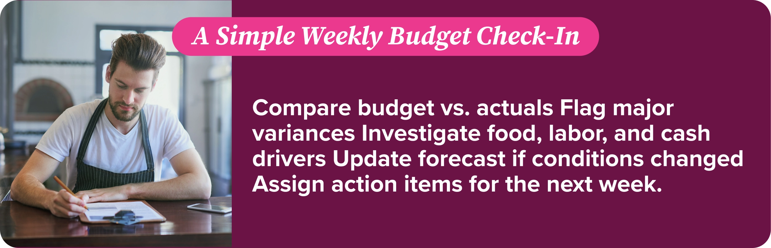 Weekly restaurant budget check-in comparing budget and actual results