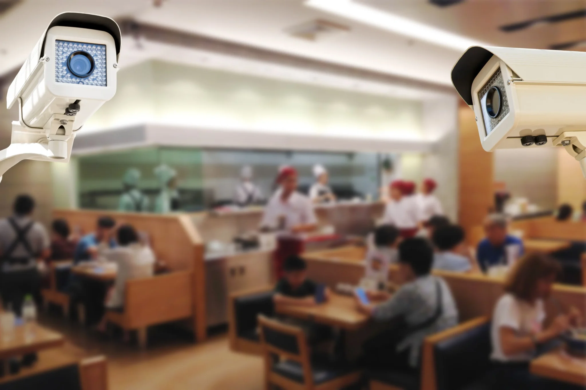 Close-up of security cameras monitoring a busy restaurant, highlighting loss prevention