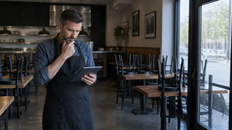 A restaurant manager reviewing closing information on a tablet