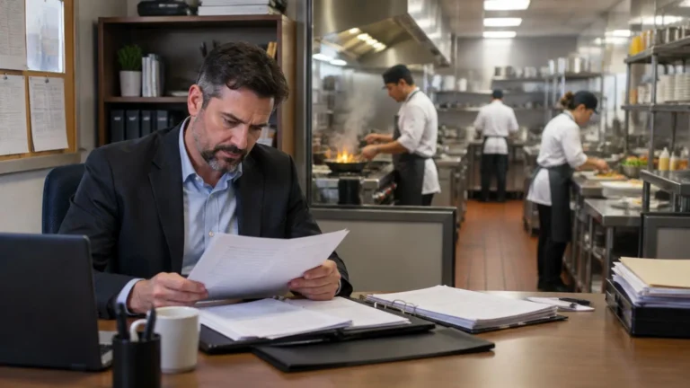 Restaurant Franchise Owner Reviewing Financial Reporting Documents