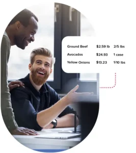 Two restaurant owners working on together with accounting software widget overlayed