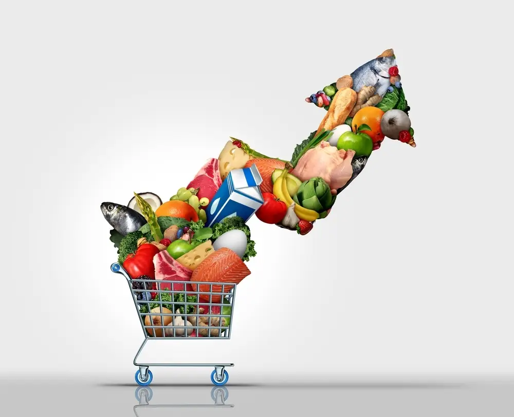 A grocery cart with arrow indicating rising food costs