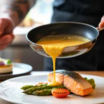 Chef pouring sauce over plated salmon with vegetables, demonstrating controlled portion size