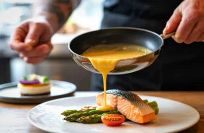 Chef pouring sauce over plated salmon with vegetables, demonstrating controlled portion size