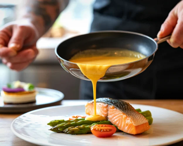 Chef pouring sauce over plated salmon with vegetables, demonstrating controlled portion size