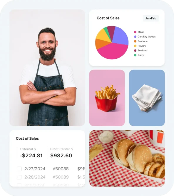 Grid of photos showing graphs, food, food related items, and a smiling cook