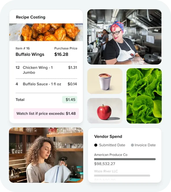 Grid of photos showing graphs, food, food related items, and a smiling cook