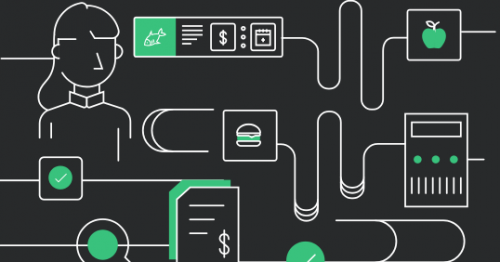 Graphical design with a calculator, reports apples, and a person