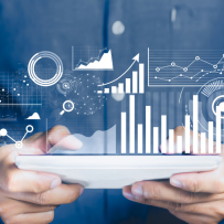 Restaurant Predictive Analytics Hands holding tablet with floating graphs