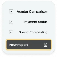 Screen showing vendor comparison, payment status, spend forecasting reporting options
