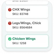Report showing various chicken wing data skus