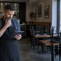 A restaurant manager reviewing closing information on a tablet