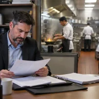 Restaurant Franchise Owner Reviewing Financial Reporting Documents