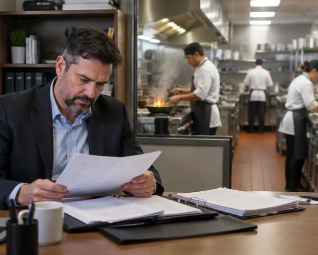 Restaurant Franchise Owner Reviewing Financial Reporting Documents