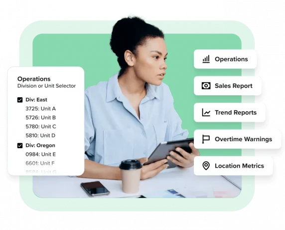 Woman looking at computer with data analytics