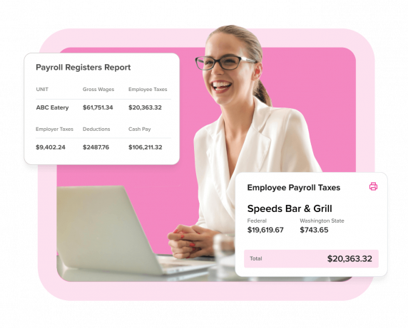 Woman smiling with payroll tax reports