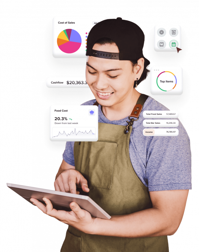 Restaurant employee looking at iPad with data floating around him