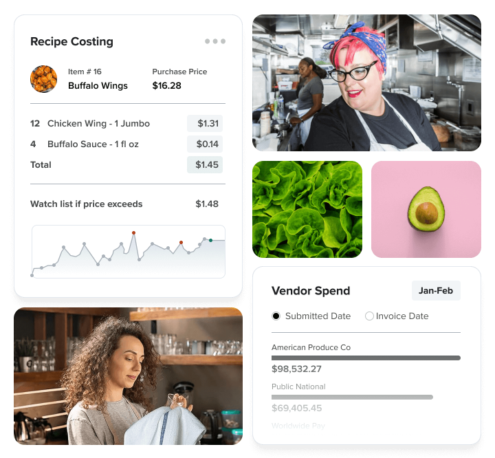 Grid of photos showing graphs, food, food related items, and a smiling cook