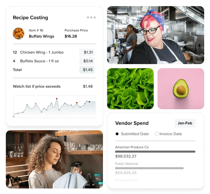 Grid of photos showing graphs, food, food related items, and a smiling cook