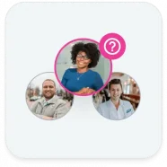 3 bubbles with people inside and a question mark representing a support team