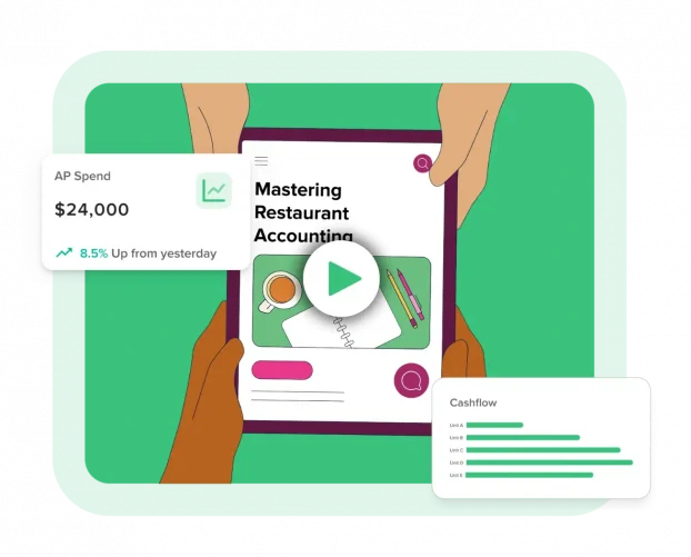 Animated hands holding tablet with Accounting Guide on screen.
