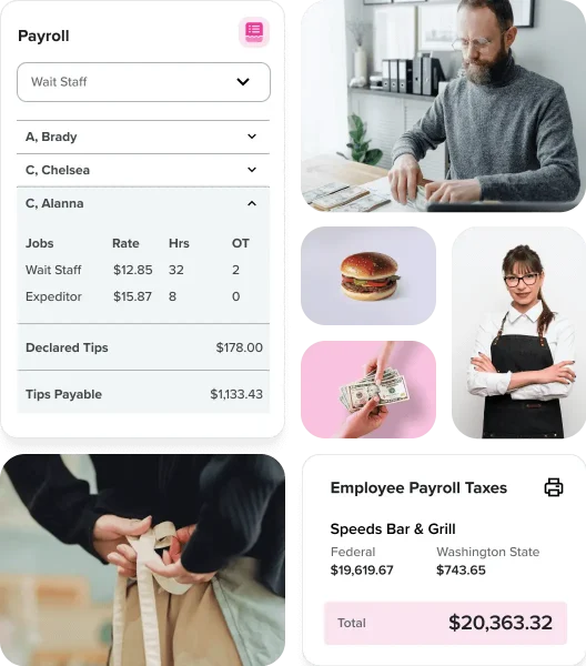 Payroll reports and various images of people and food